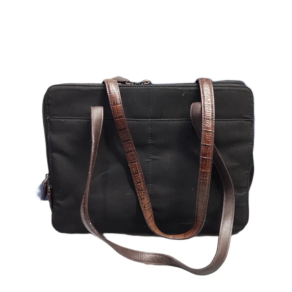 Brighton One World Satchel Briefcase Womens Black Brown Croc-Embossed Classic